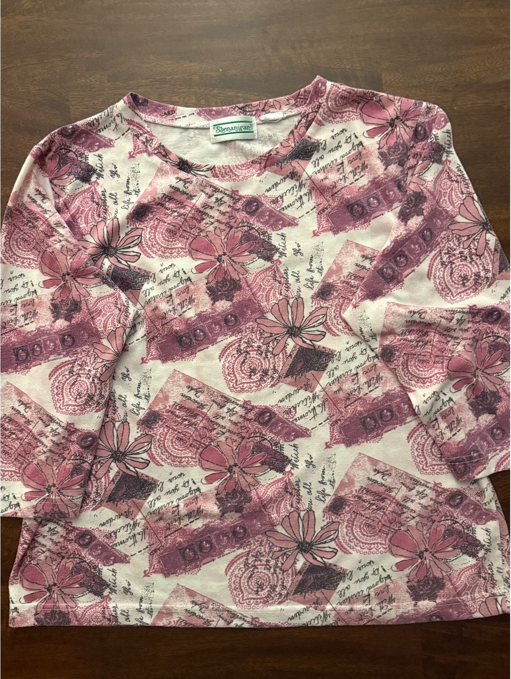 vintage Shenanigans floral and script print long sleeve shirt